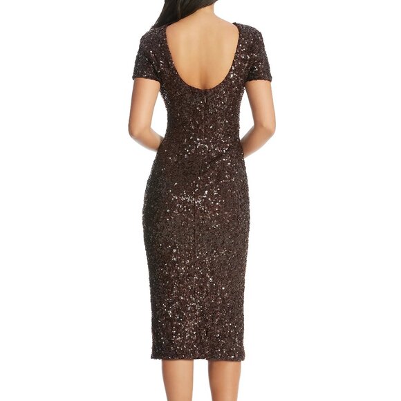 NEW DRESS THE POPULATION Natasha Midi Dress Sequin Mocha Size Small - Picture 2 of 7